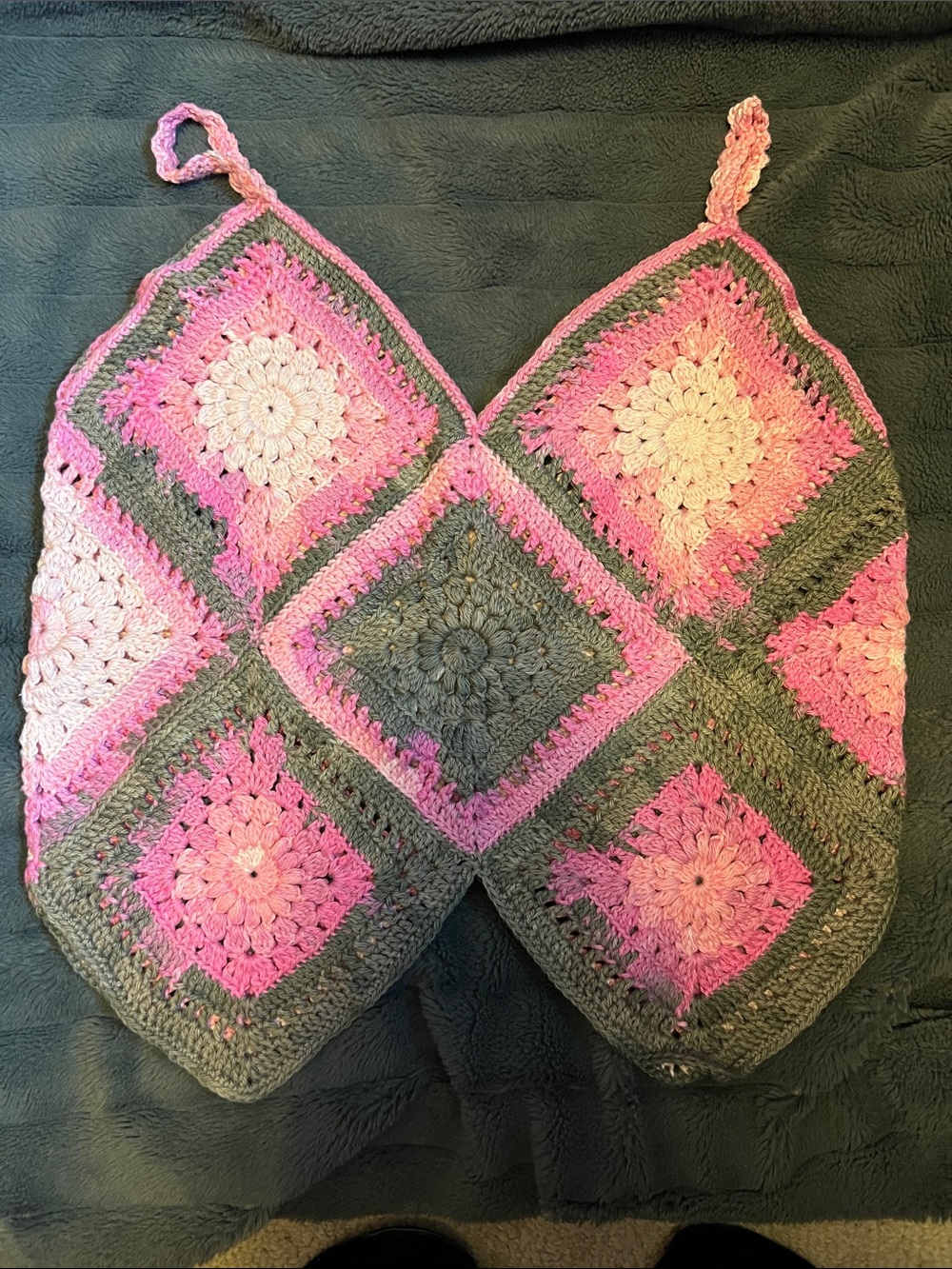 Handmade V-Neck Crochet Tank Top in Pink and Gray